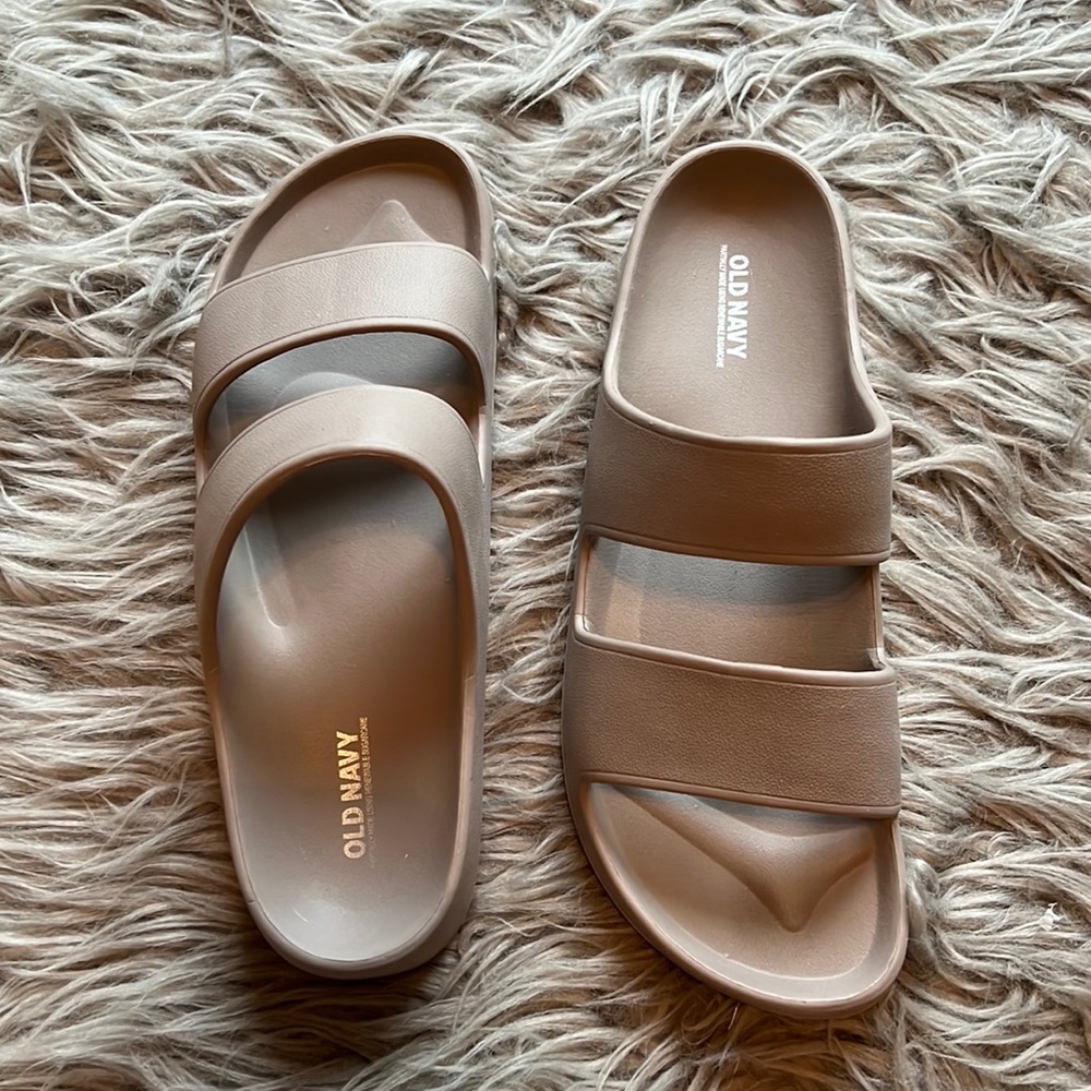 Khaki slide on’s, worn once, great condition